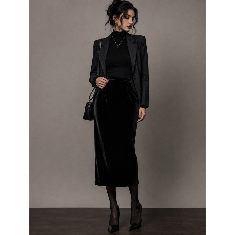 Vintage Tweeds Black Velvet Midi Pencil Skirt 12 Silk Blend Corporate Goth 90s